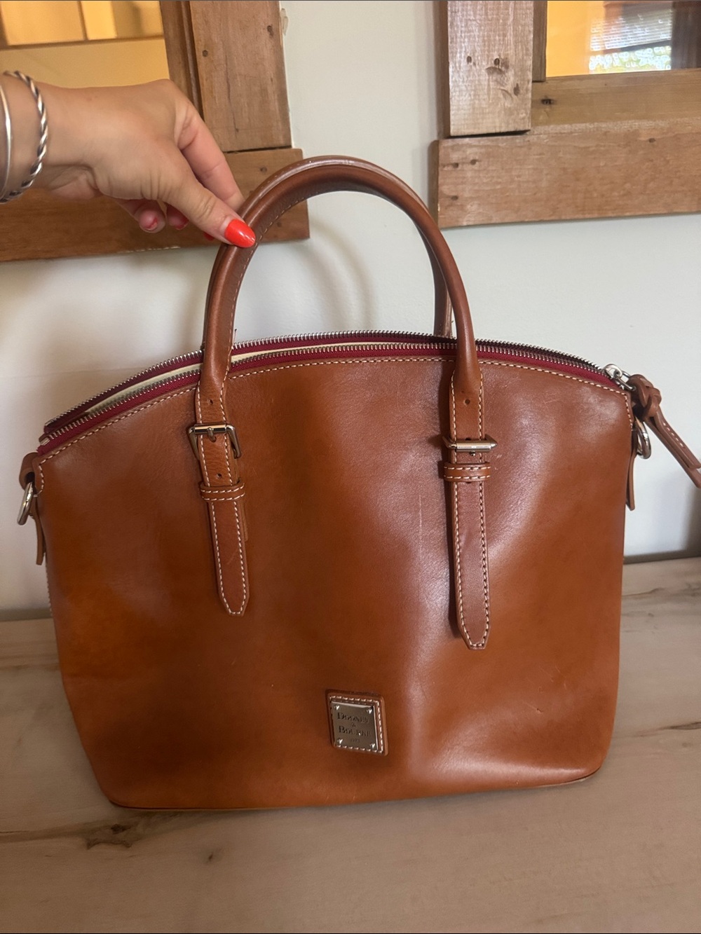 Dooney & Bourke Brown Leather Satchel with Burgundy Accent
